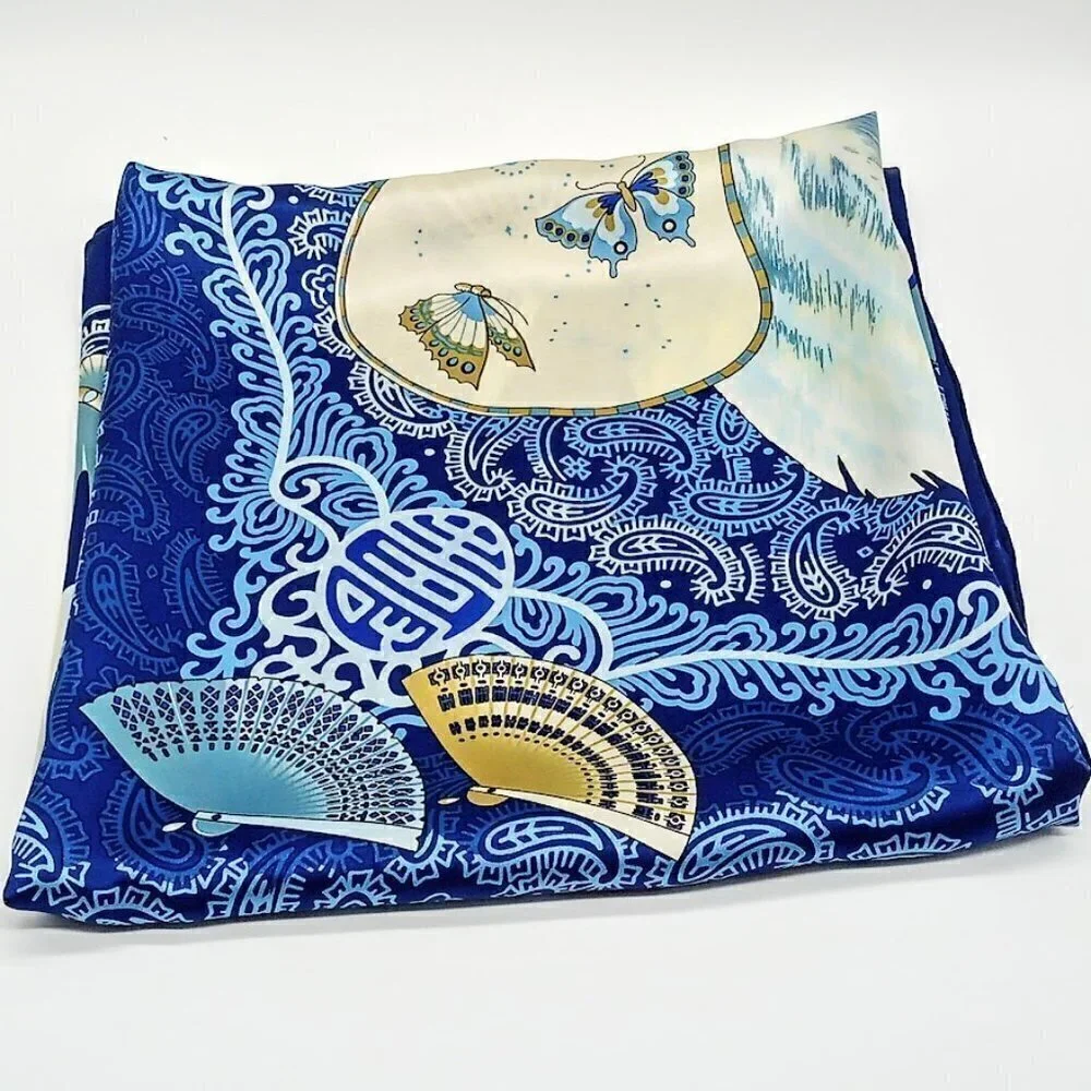 Sheng Ran Blue Asian Butterfly Fan Motif Square Silk Scarf Wrap